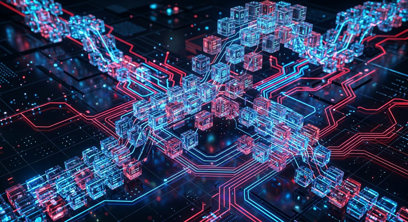 An abstract conceptual rendering of glassy digital blocks and neon red and blue LED light circuit grids, representing recommendation algorithms and feeds. Photo: Pexels.