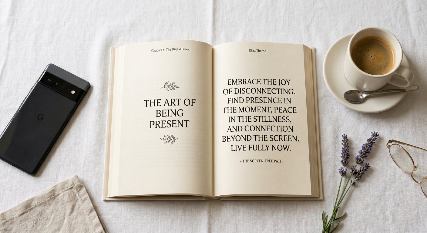 A top-down aesthetic view of an open self-help book with a positive quote, sitting next to a cup of coffee and a face-down smartphone on a white tablecloth. Photo: Pexels.