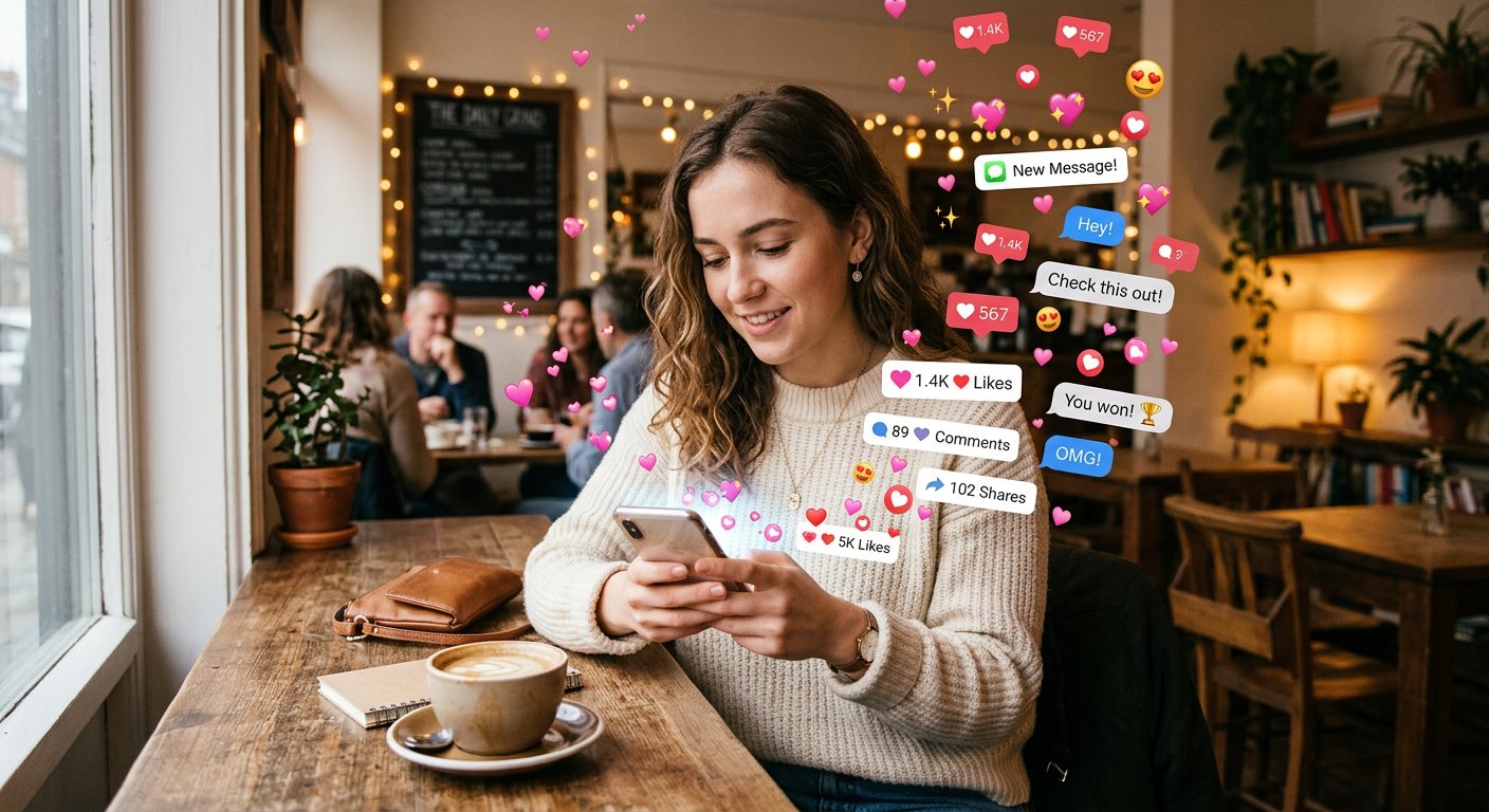 A young woman sitting at a table in a cafe, looking at her smartphone with floating cartoon hearts, social media like counters, and message notification bubbles overlaid. Photo: Pexels.