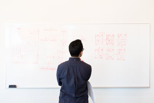 A software engineer standing at a whiteboard planning UX and design architecture. Photo: Pexels.