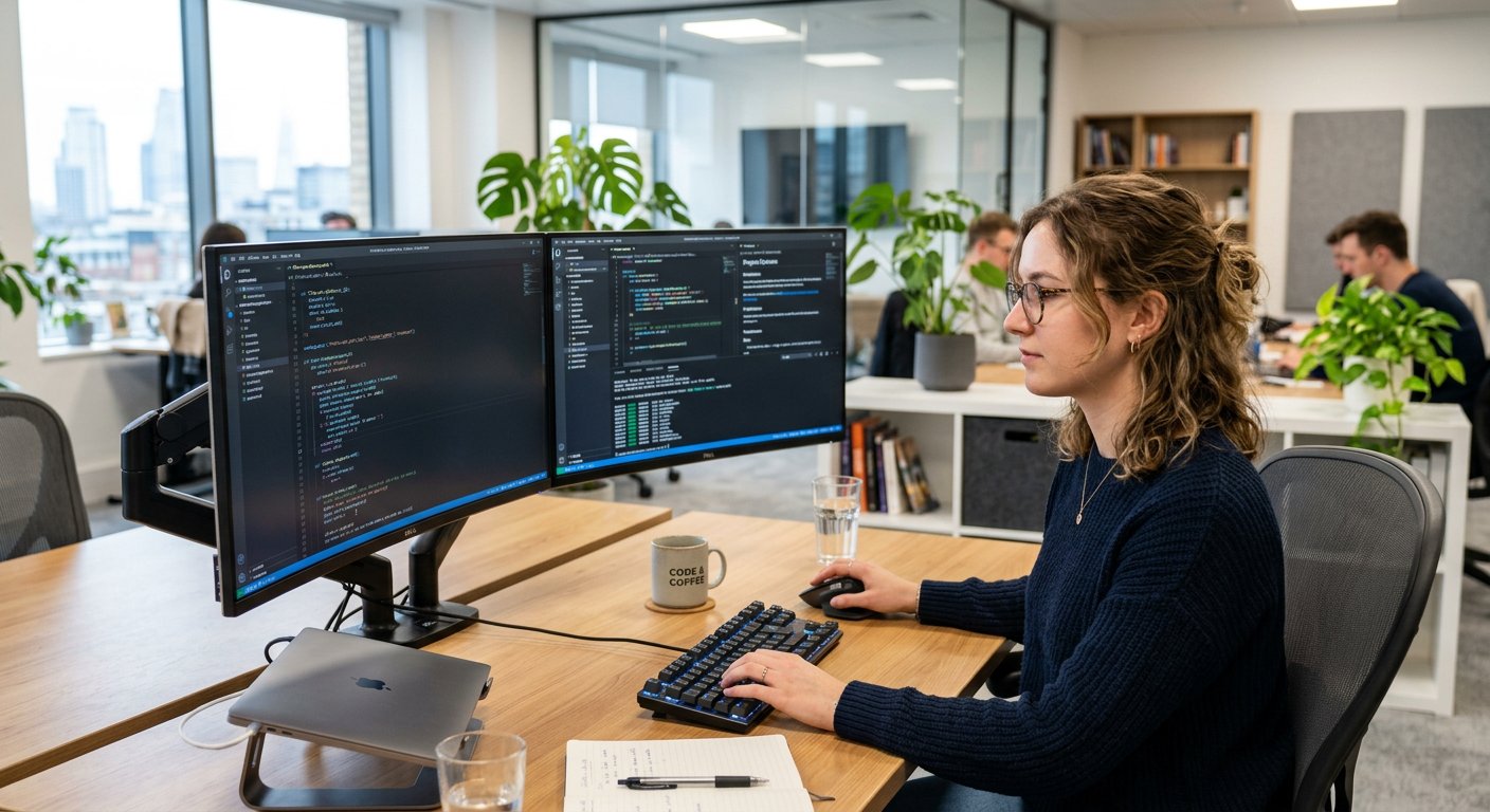 A woman programmer coding on dual monitors in a modern office setting. Photo: Pexels.