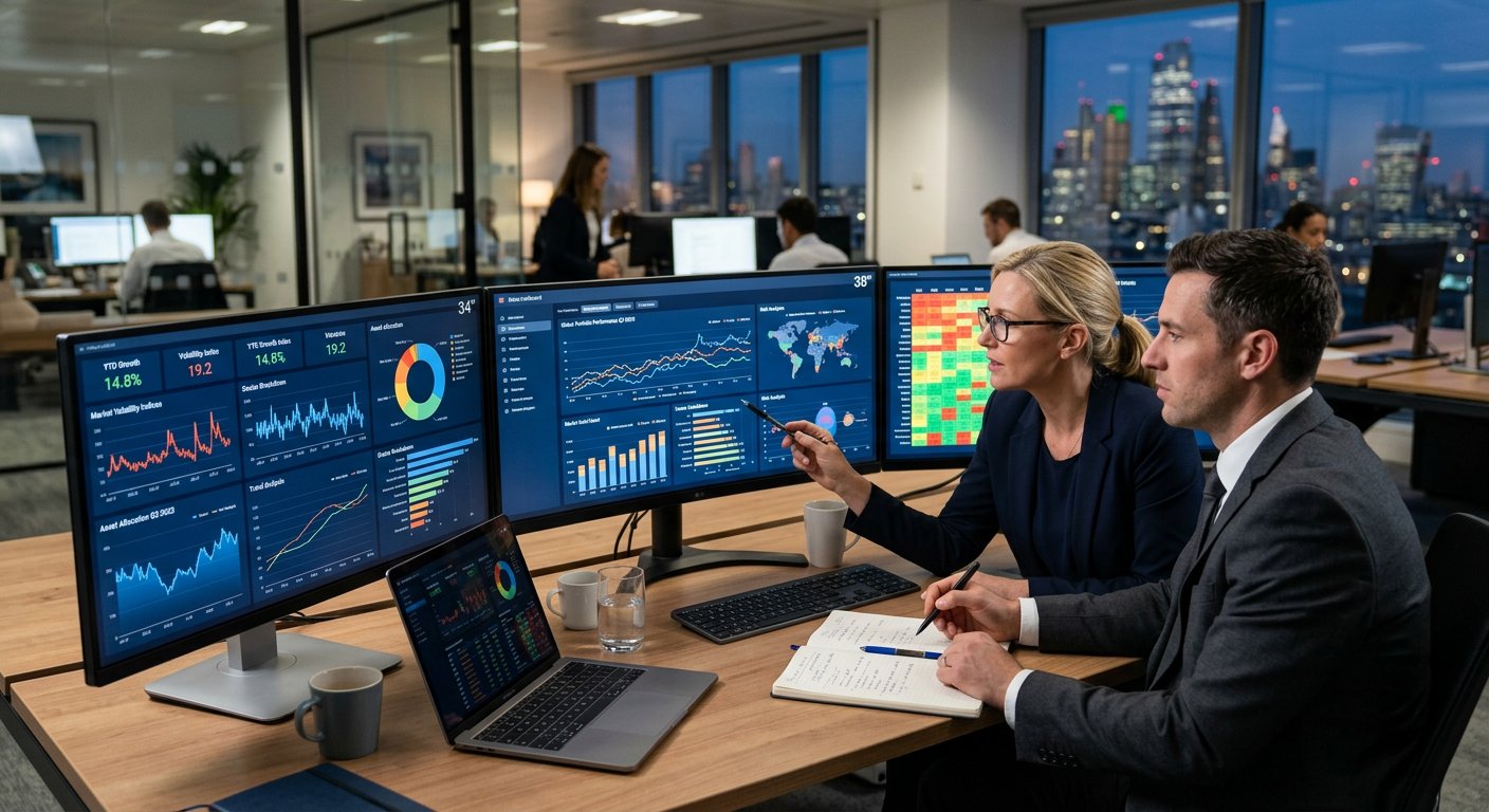 Two business professionals analyzing complex financial and data visualization charts across multiple screens. Photo: Pexels.