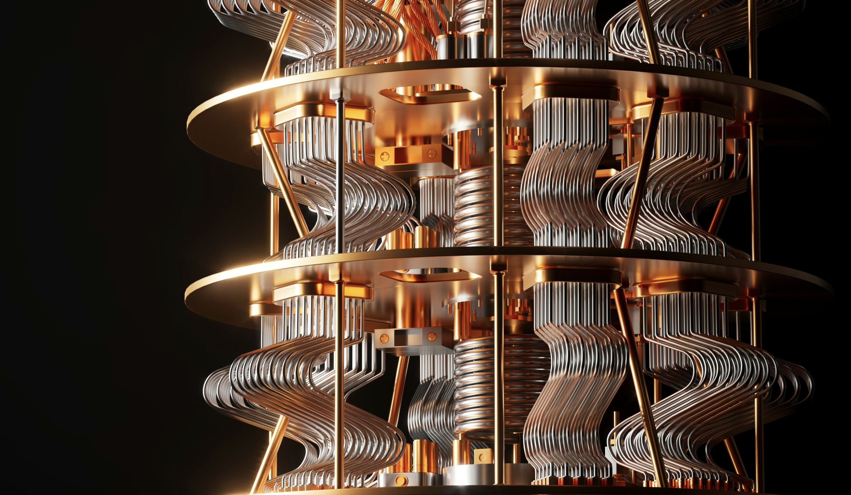 Golden chandelier-like cryostat of a superconducting quantum computer, layered with control wiring. Photo: Unsplash.