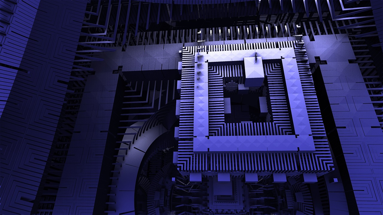A rendered visualization of a quantum computer processor showing glowing paths representing entanglement. Photo: Pixabay.