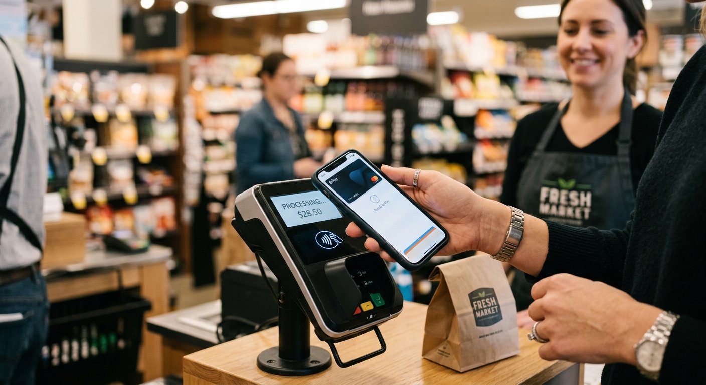 Hands making a contactless mobile payment with a smartphone at a retail store checkout terminal. Photo: Pexels.