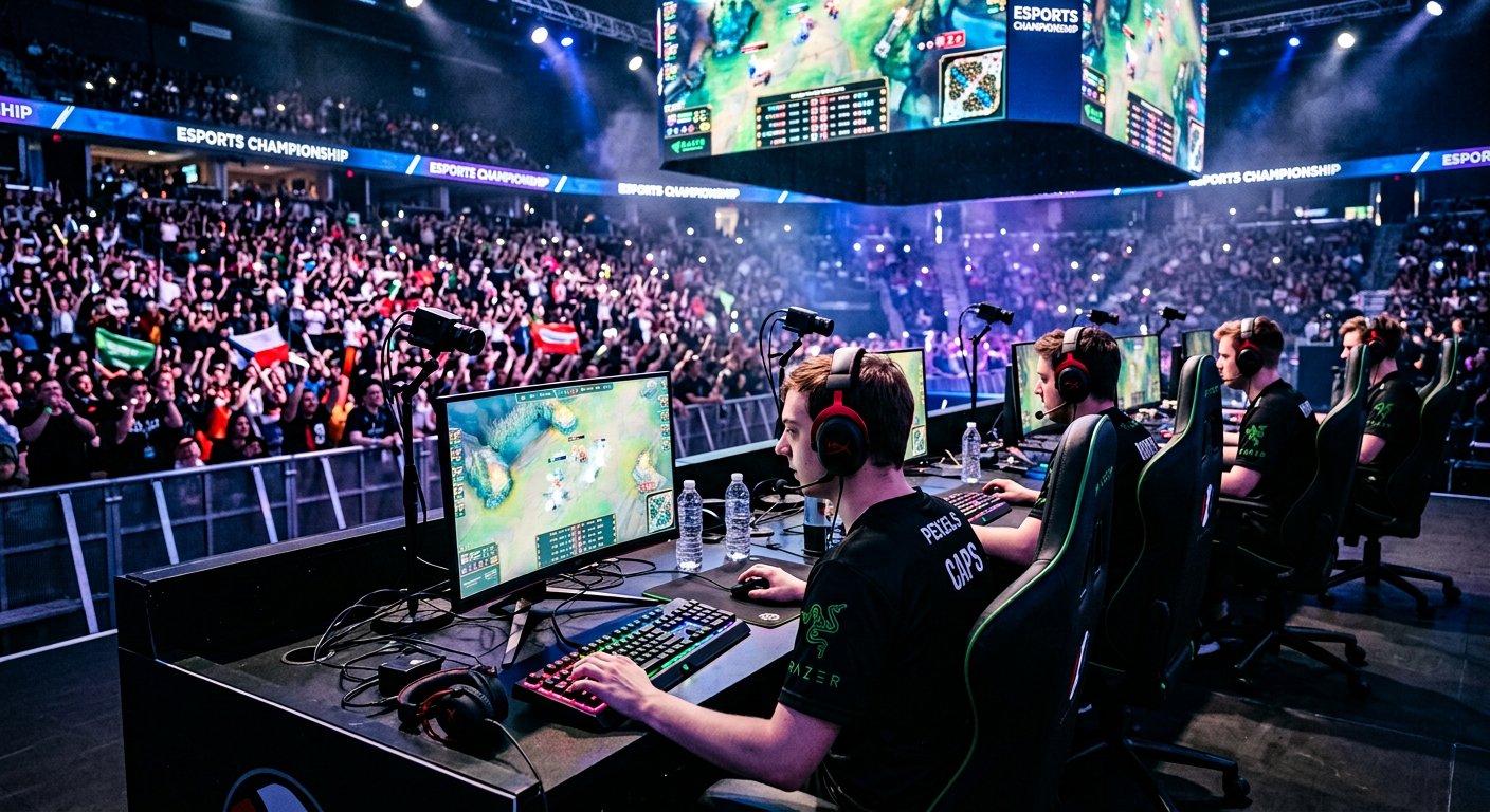Rows of professional gaming stations with illuminated keyboards and monitors in an esports arena. Photo: Pexels.